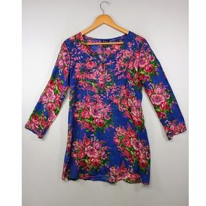 Boho Floral Embroidered Simi Womens Small Blue Pink Cotton Tunic Top 3/4 Sleeve